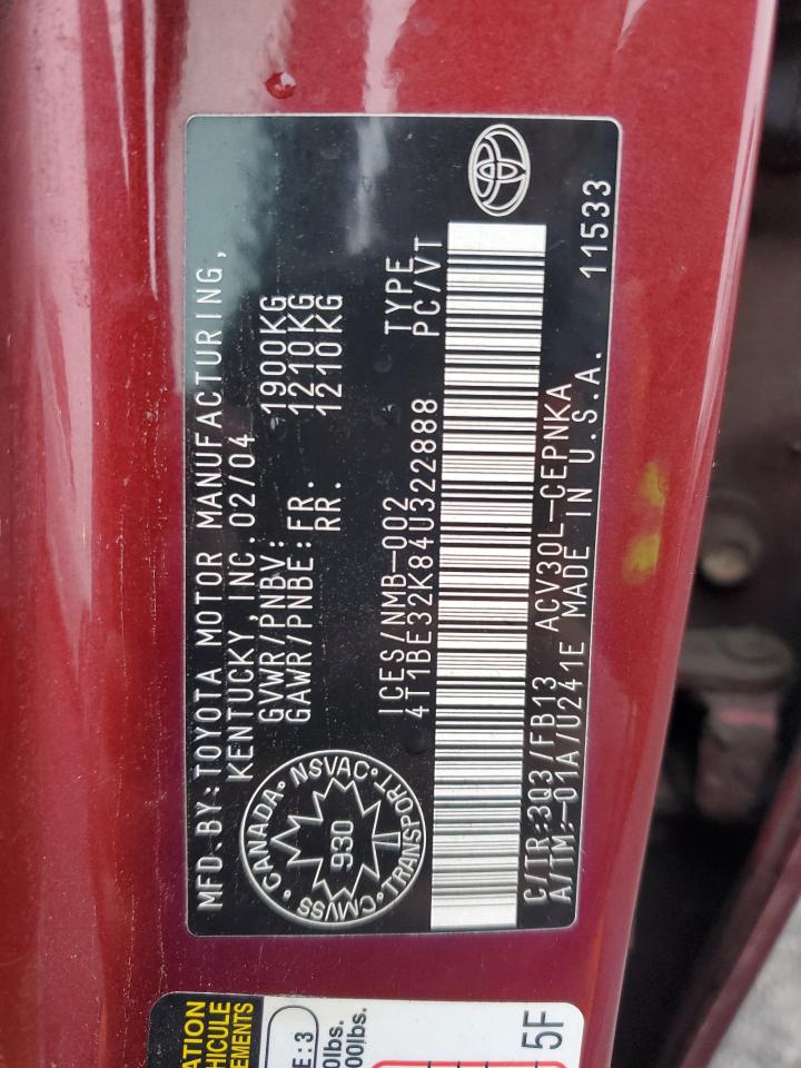 2004 Toyota Camry Le VIN: 4T1BE32K84U322888 Lot: 82067495