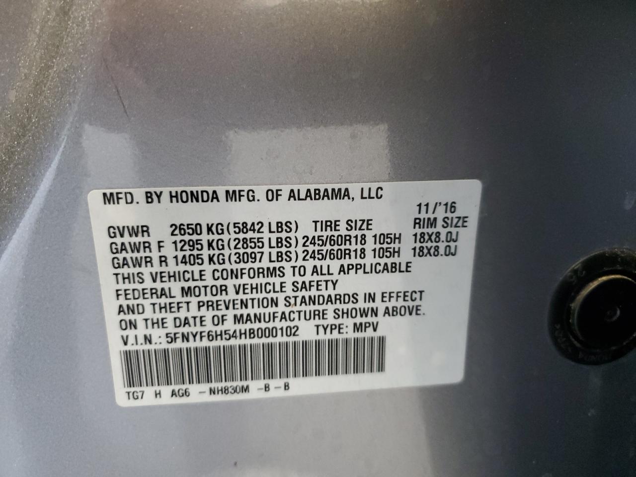 2017 Honda Pilot Exl VIN: 5FNYF6H54HB000102 Lot: 84239195