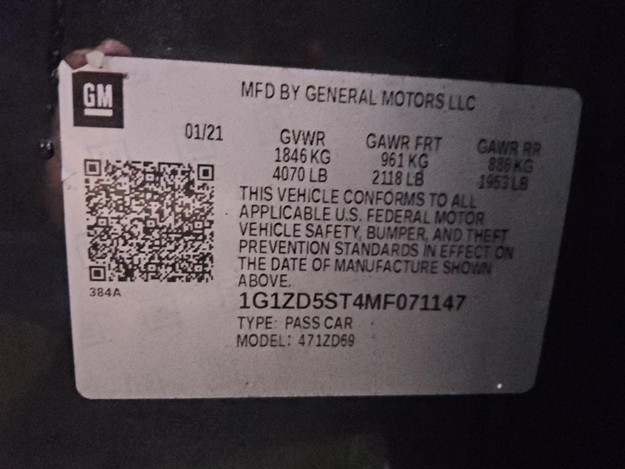 2021 Chevrolet Malibu Lt VIN: 1G1ZD5ST4MF071147 Lot: 83953055