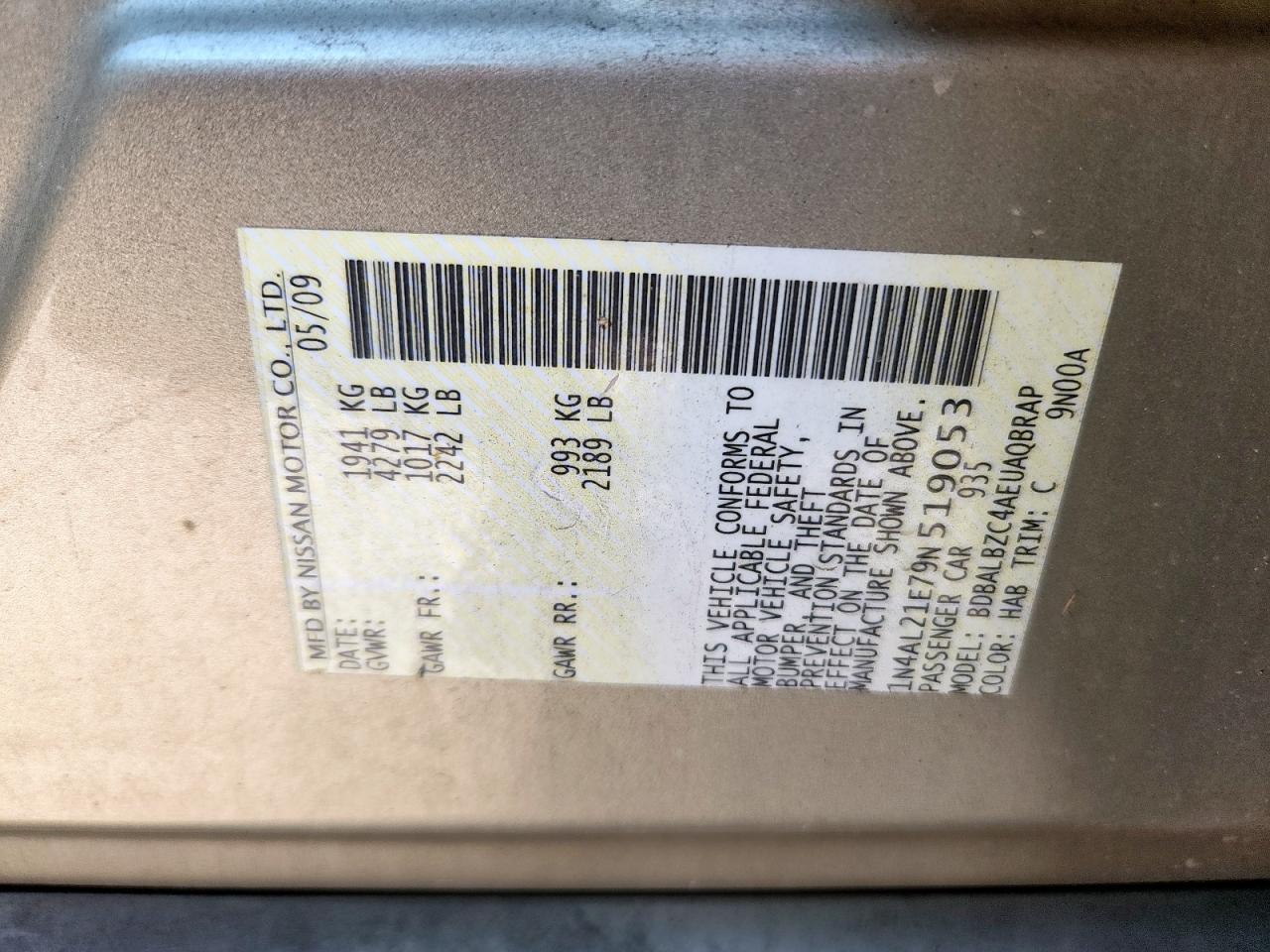 2009 Nissan Altima 2.5 VIN: 1N4AL21E79N519053 Lot: 84281525