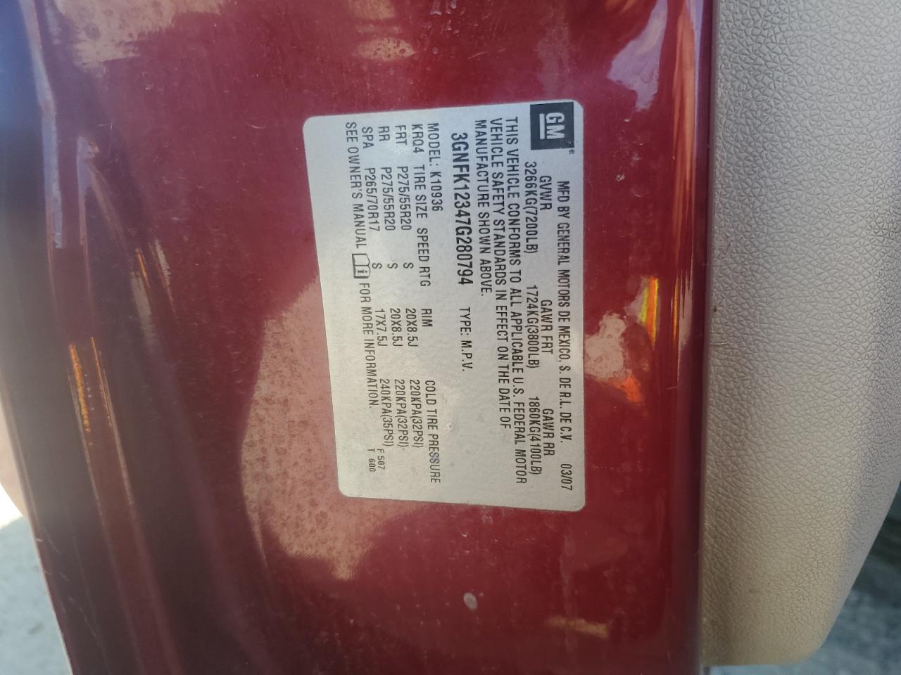 2007 Chevrolet Avalanche K1500 VIN: 3GNFK12347G280794 Lot: 84777935