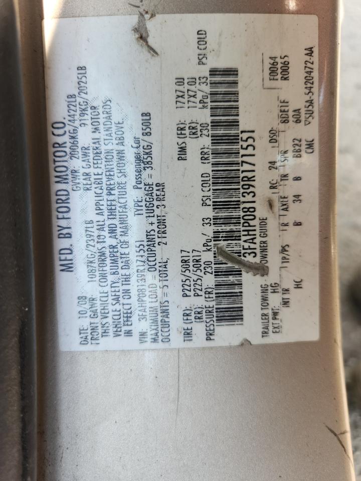 2009 Ford Fusion Sel VIN: 3FAHP08139R171551 Lot: 82053675