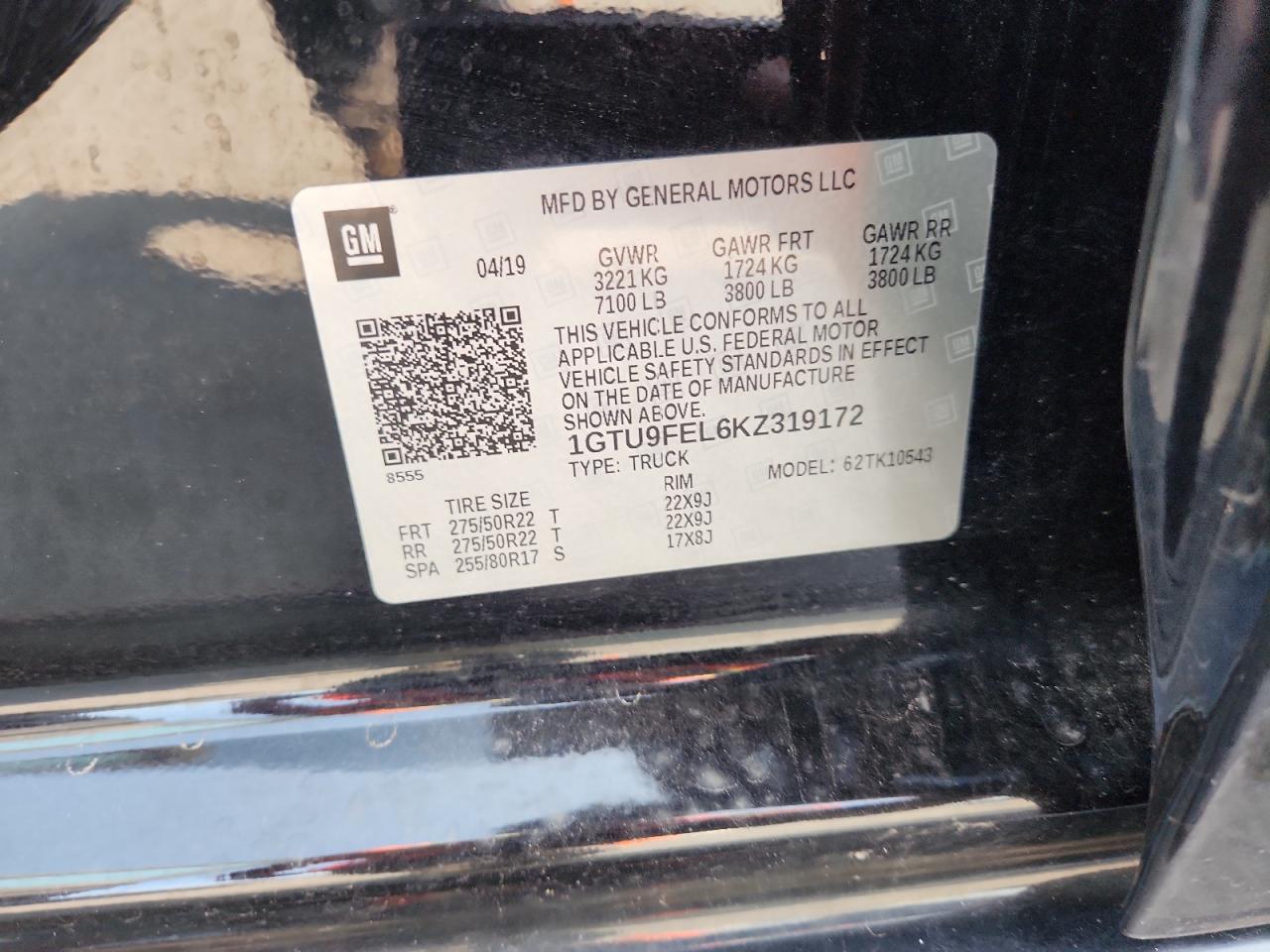 2019 GMC Sierra K1500 Denali VIN: 1GTU9FEL6KZ319172 Lot: 71070015