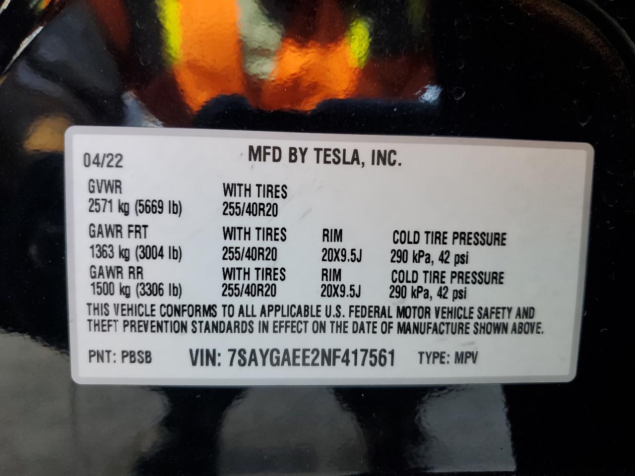 2022 Tesla Model Y VIN: 7SAYGAEE2NF417561 Lot: 84251505