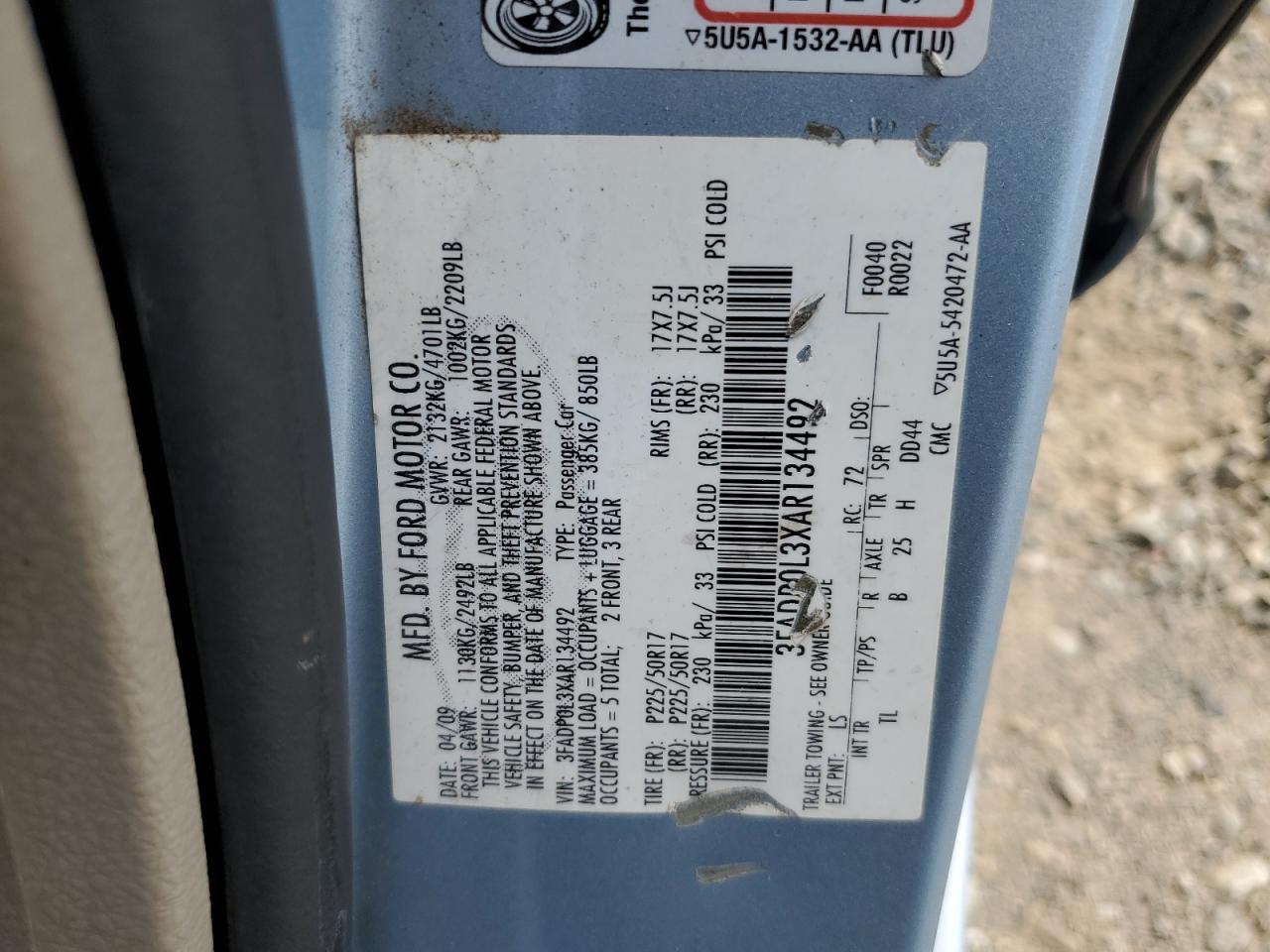 2010 Ford Fusion Hybrid VIN: 3FADP0L3XAR134492 Lot: 81349175