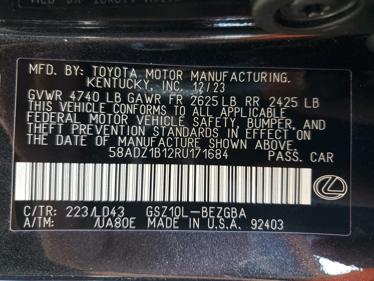 2024 Lexus Es 350 Base VIN: 58ADZ1B12RU171684 Lot: 81999225