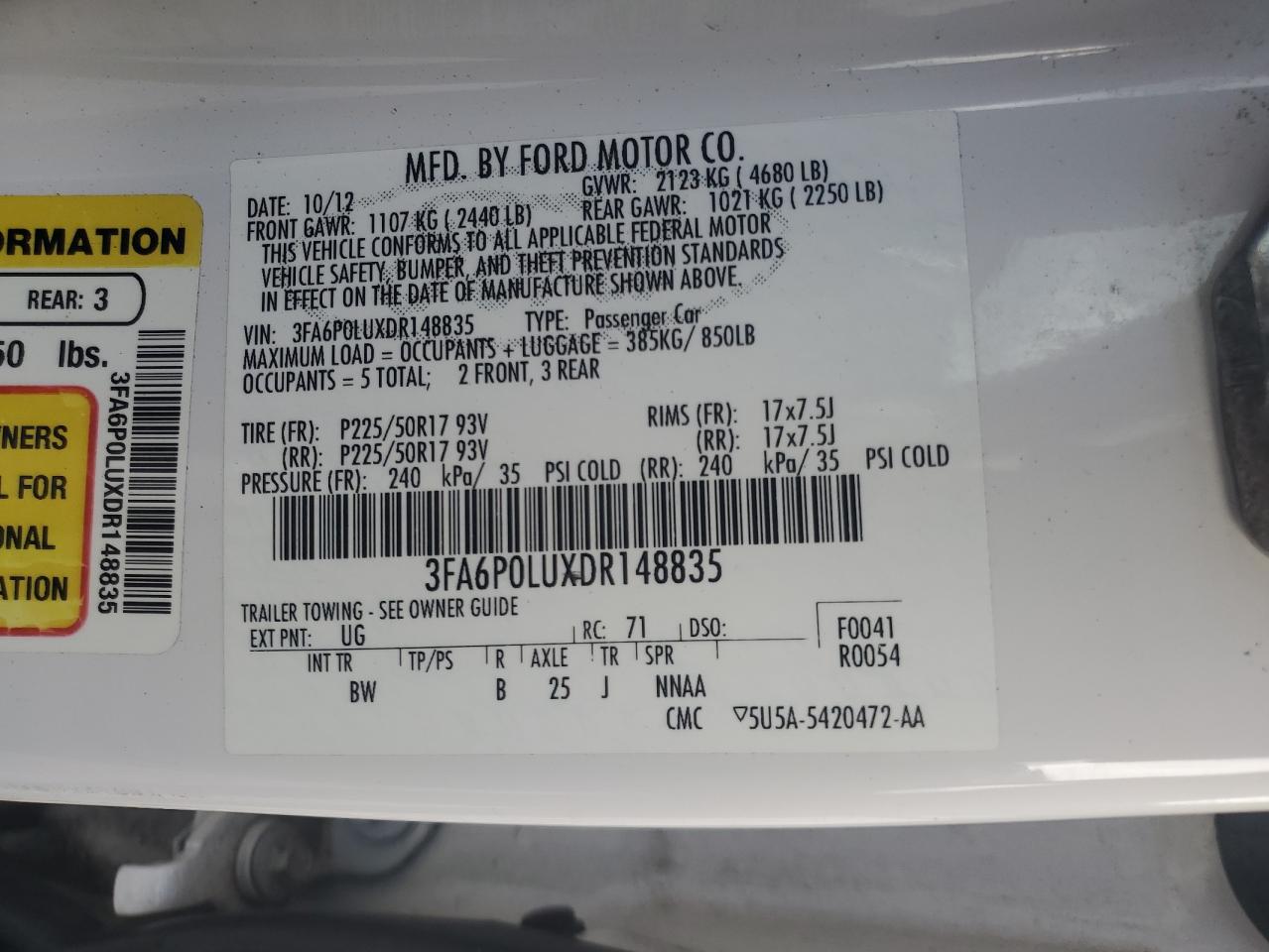 2013 Ford Fusion Se Hybrid VIN: 3FA6P0LUXDR148835 Lot: 84446335