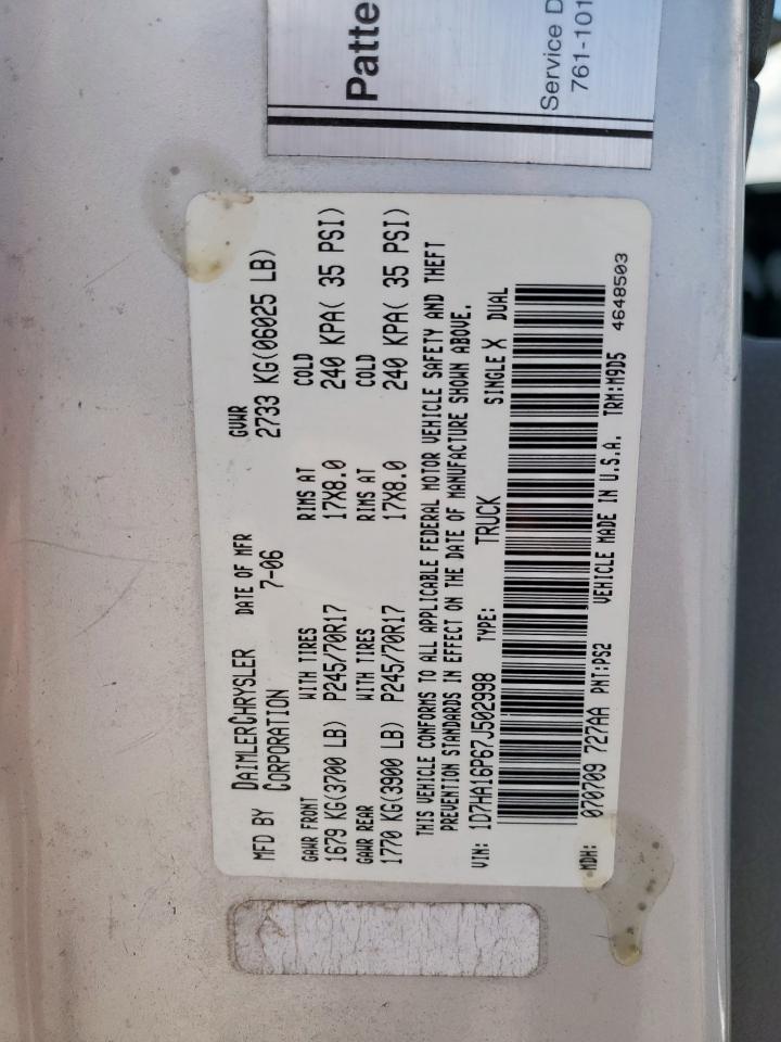 2007 Dodge Ram 1500 St VIN: 1D7HA16P67J502998 Lot: 84464445