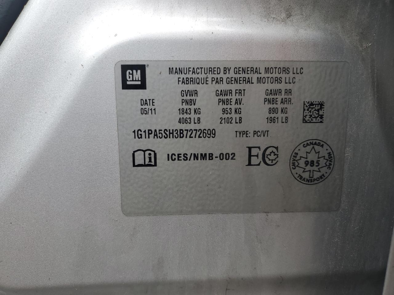 2011 Chevrolet Cruze Ls VIN: 1G1PA5SH3B7272699 Lot: 68695425