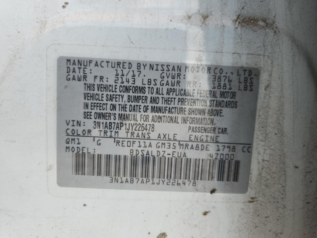 2018 Nissan Sentra S VIN: 3N1AB7AP1JY226478 Lot: 71562235