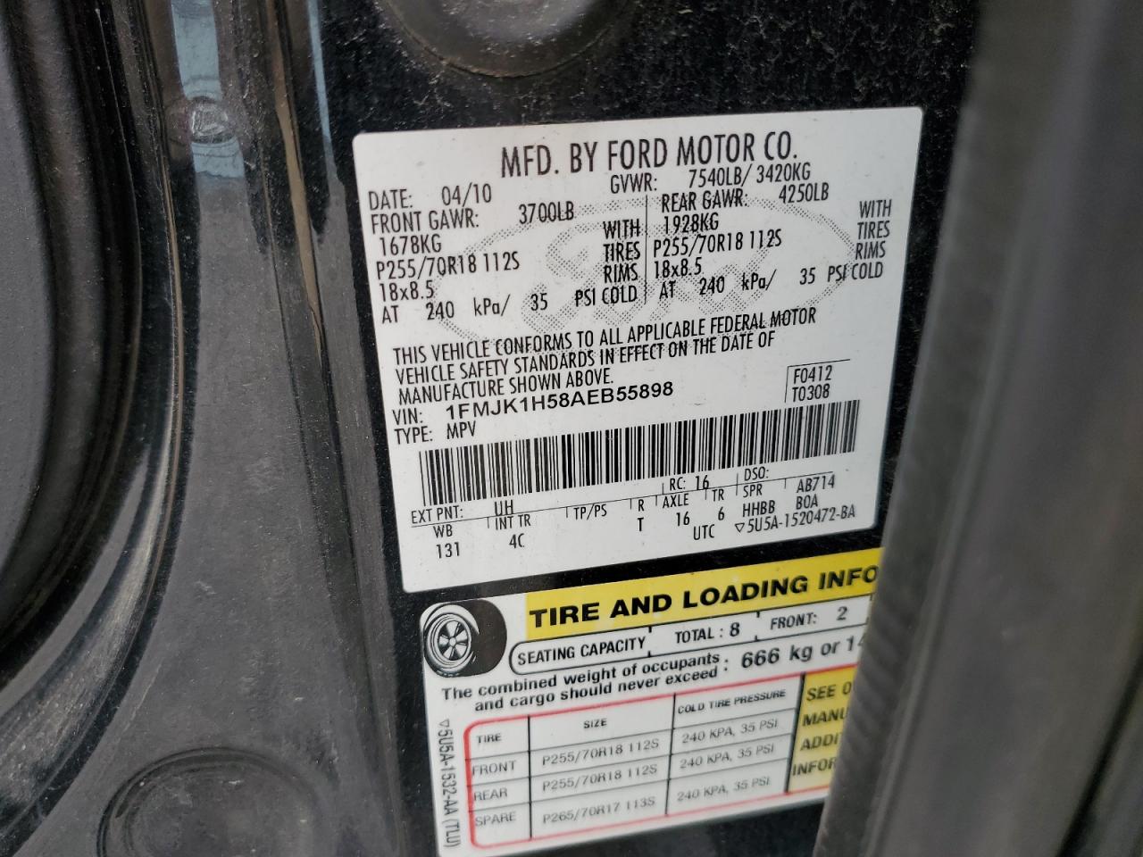 2010 Ford Expedition El Eddie Bauer VIN: 1FMJK1H58AEB55898 Lot: 80348725