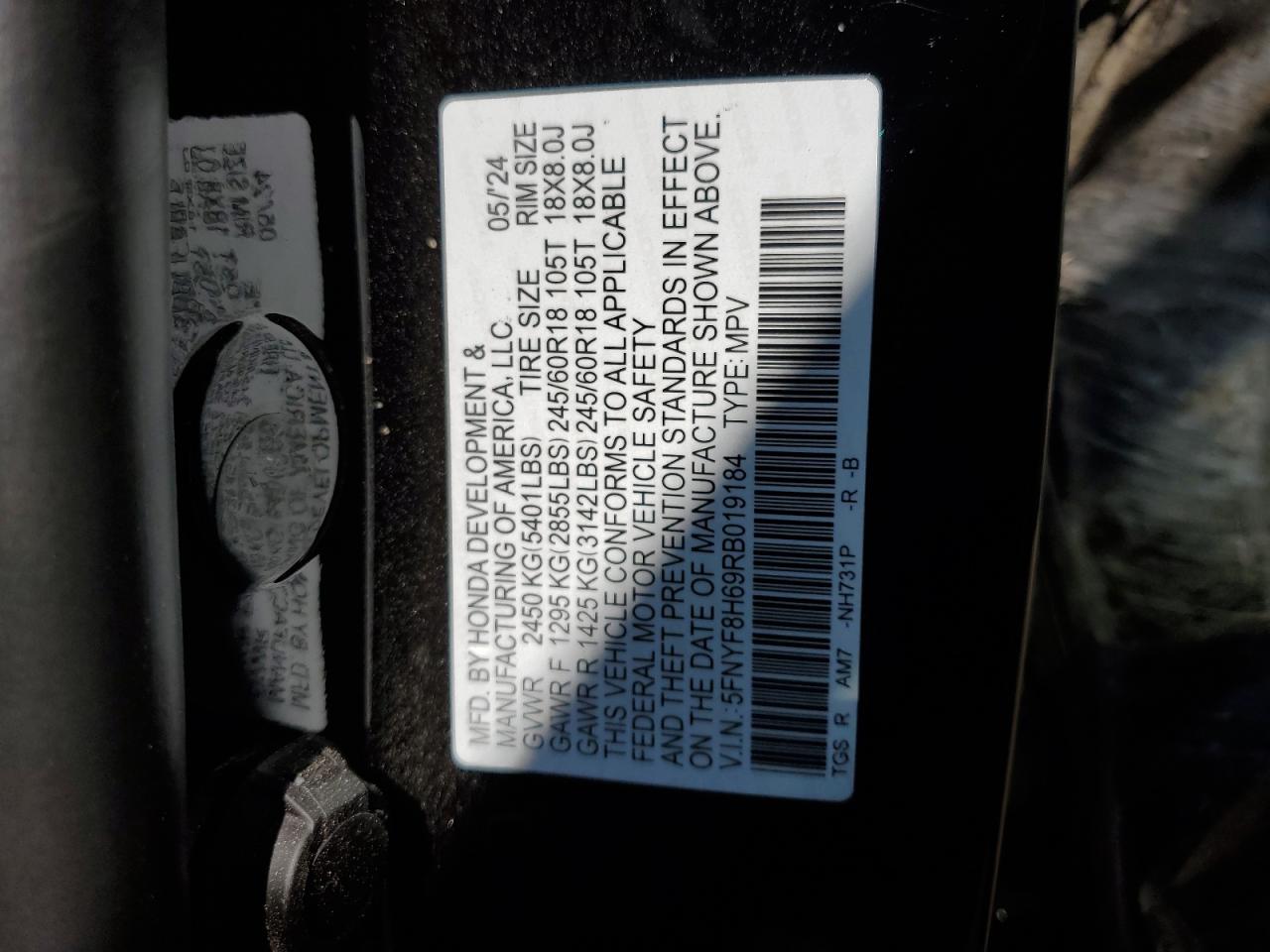 2024 Honda Passport Trail Sport VIN: 5FNYF8H69RB019184 Lot: 81014155