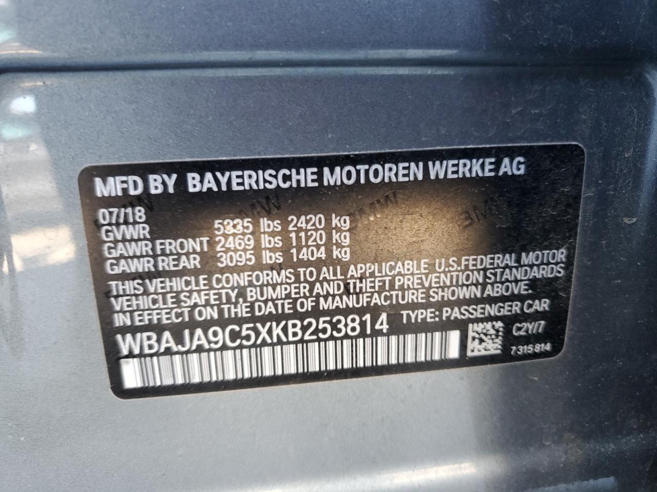 2019 BMW 530E VIN: WBAJA9C5XKB253814 Lot: 84608185
