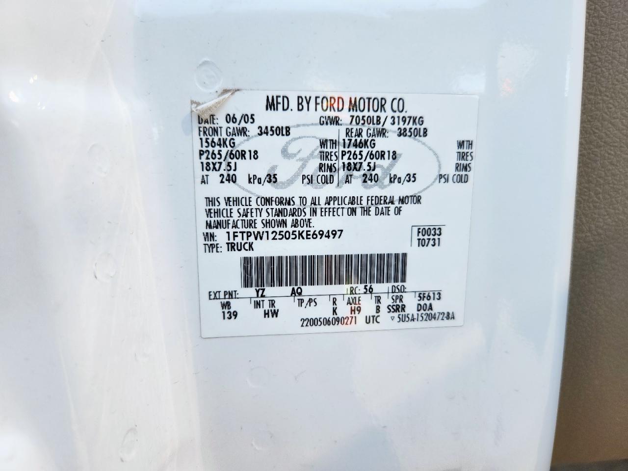 2005 Ford F150 Supercrew VIN: 1FTPW12505KE69497 Lot: 94187495