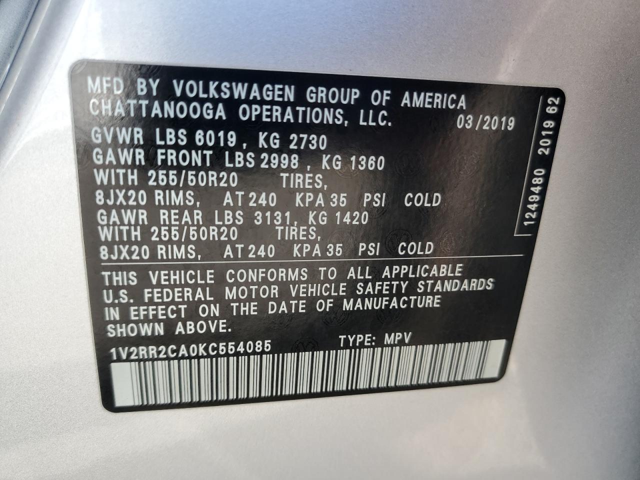2019 Volkswagen Atlas Sel VIN: 1V2RR2CA0KC554085 Lot: 81795755