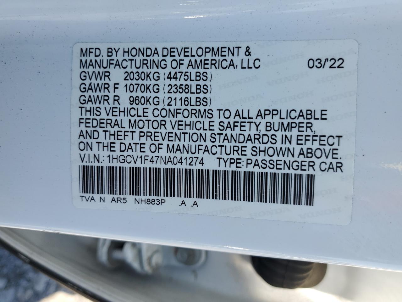 2022 Honda Accord Sport Se VIN: 1HGCV1F47NA041274 Lot: 71483345