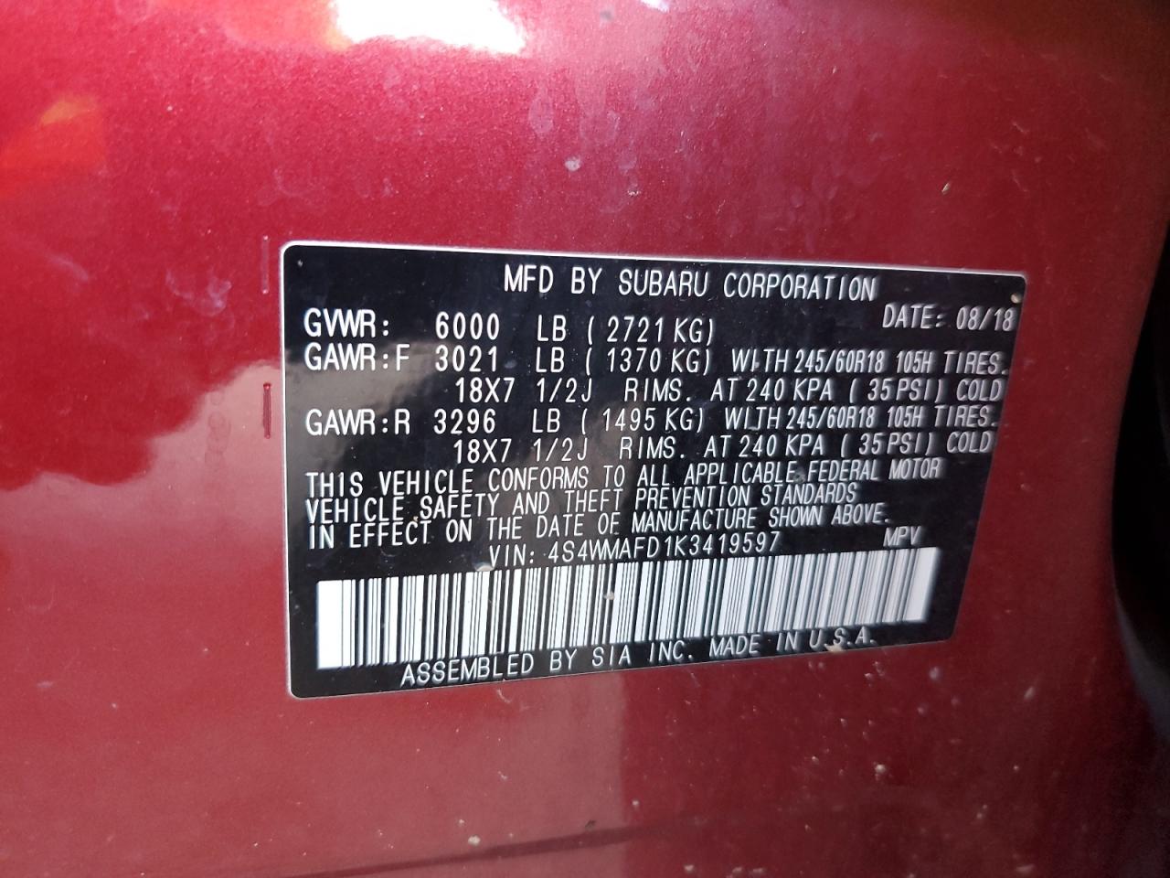 2019 Subaru Ascent Premium VIN: 4S4WMAFD1K3419597 Lot: 80908225