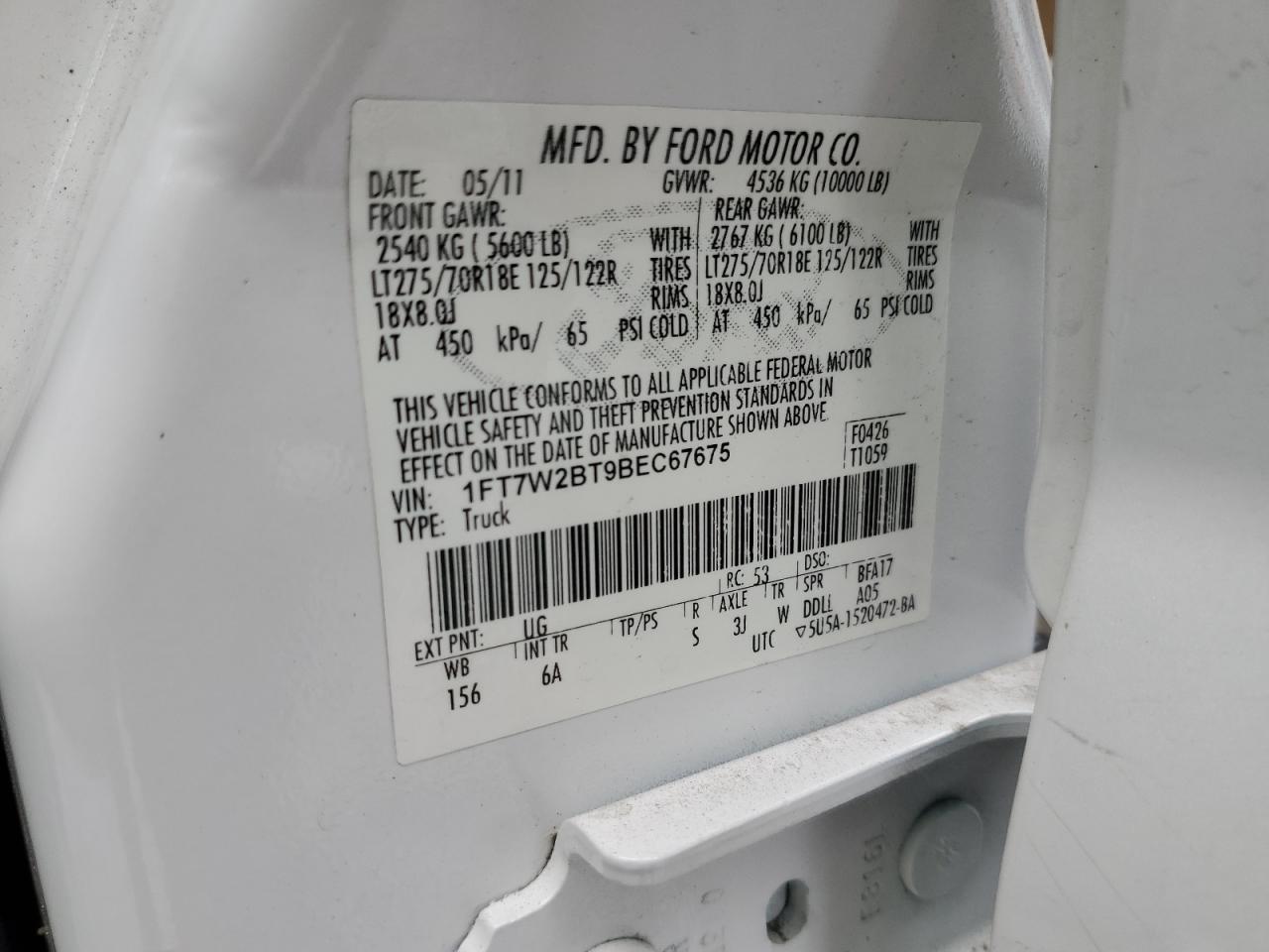 2011 Ford F250 Super Duty VIN: 1FT7W2BT9BEC67675 Lot: 71458995