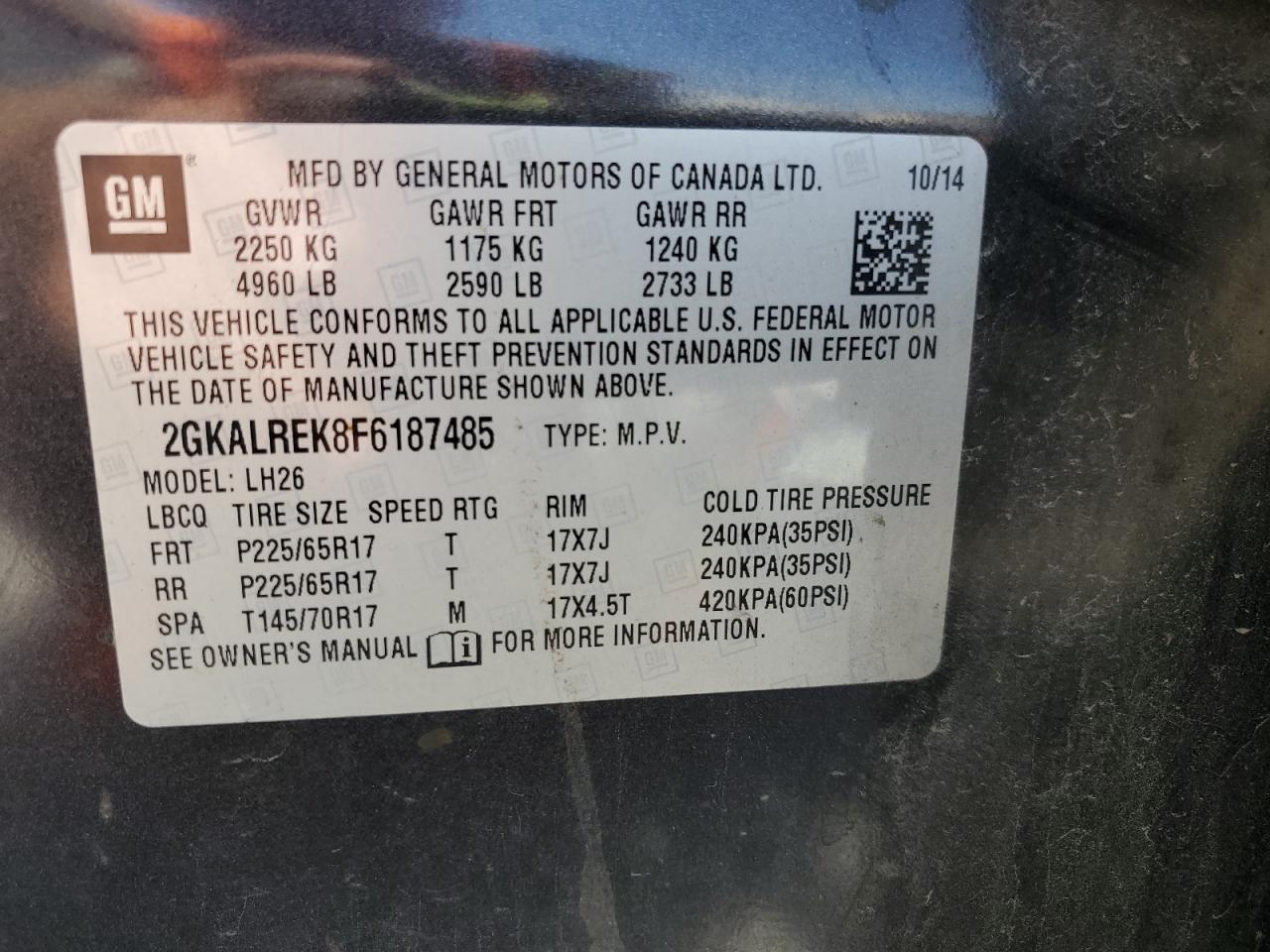 2015 GMC Terrain Sle VIN: 2GKALREK8F6187485 Lot: 81331765