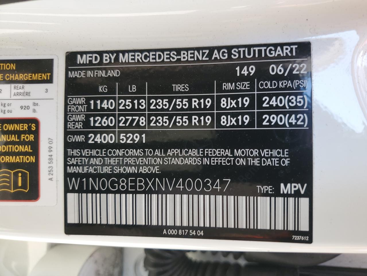 2022 Mercedes-Benz Glc 300 4Matic VIN: W1N0G8EBXNV400347 Lot: 71990645