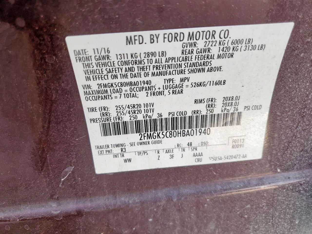 2017 Ford Flex Sel VIN: 2FMGK5C80HBA01940 Lot: 81644495