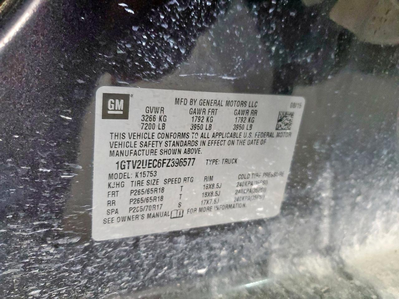 2015 GMC Sierra K1500 Sle VIN: 1GTV2UEC6FZ396577 Lot: 80739195