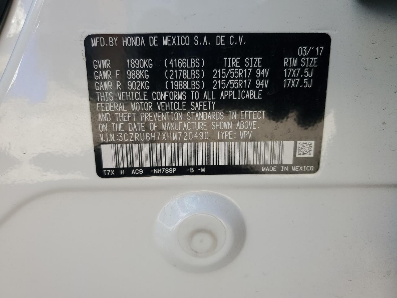 2017 Honda Hr-V Exl VIN: 3CZRU6H7XHM720490 Lot: 84276495