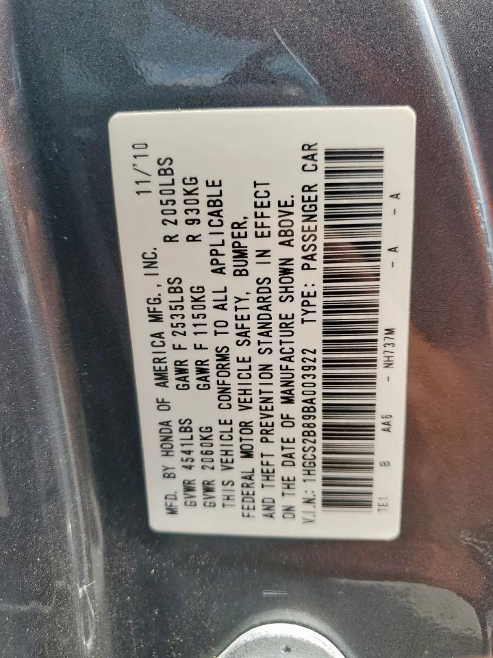 2011 Honda Accord Exl VIN: 1HGCS2B89BA003922 Lot: 70569485