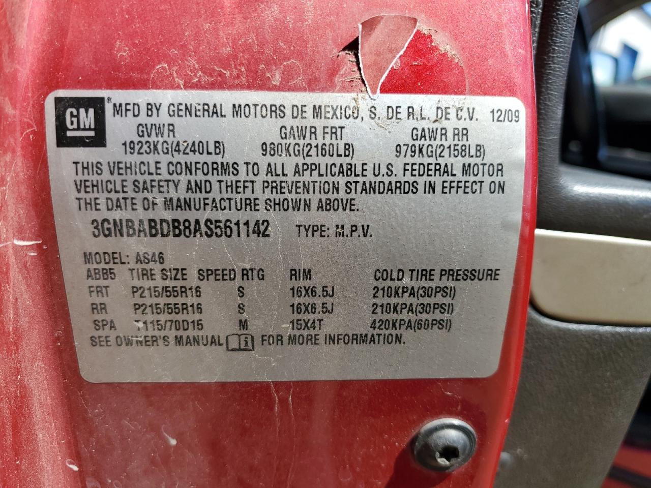 2010 Chevrolet Hhr Lt VIN: 3GNBABDB8AS561142 Lot: 80344955