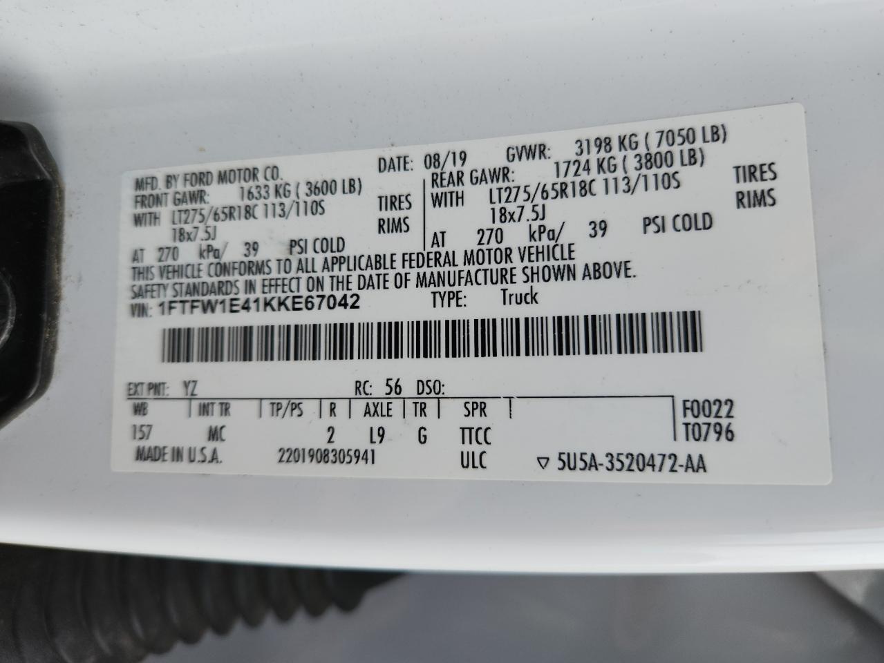 2019 Ford F150 Supercrew VIN: 1FTFW1E41KKE67042 Lot: 70003835