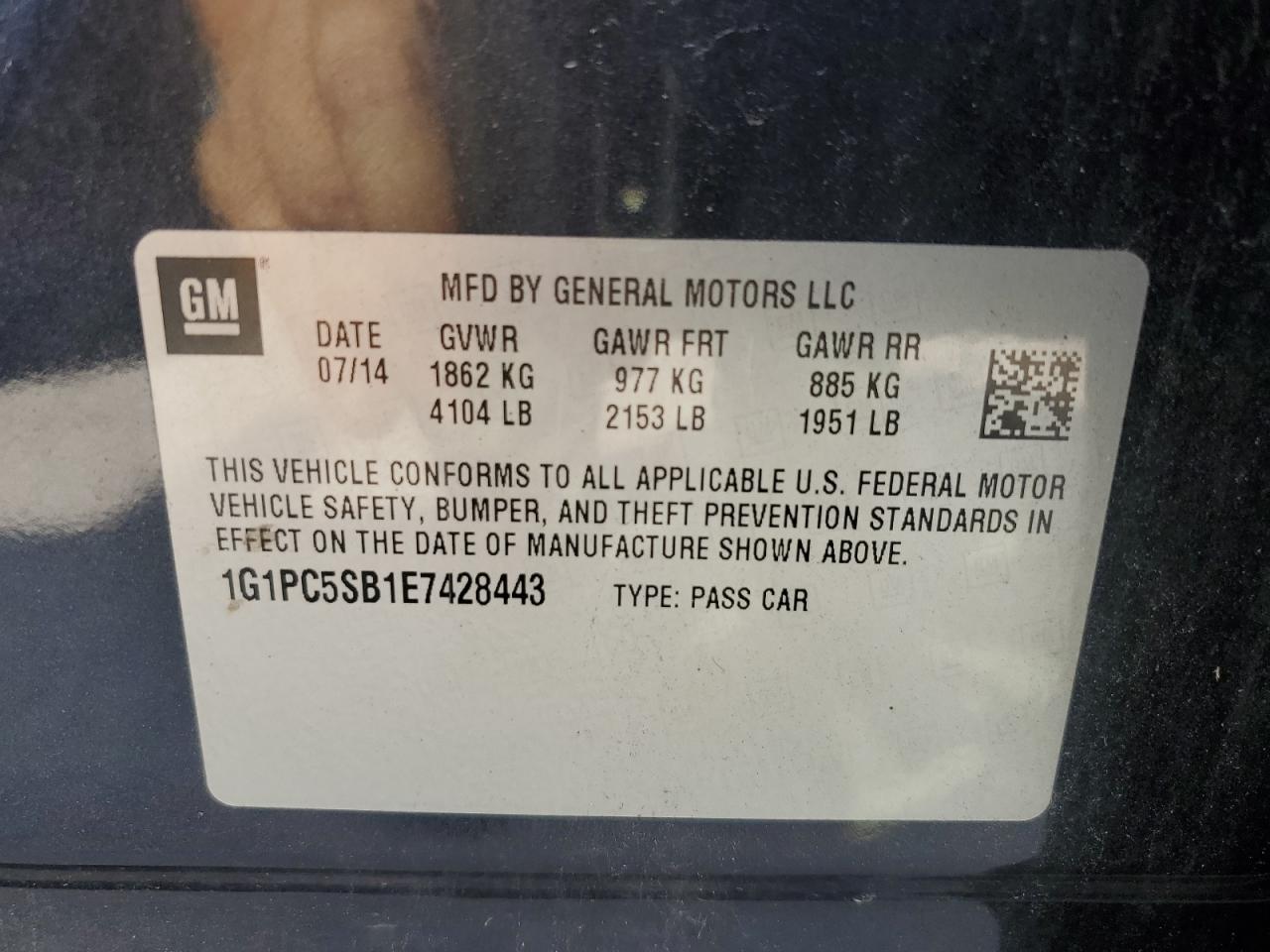 2014 Chevrolet Cruze Lt VIN: 1G1PC5SB1E7428443 Lot: 80868575