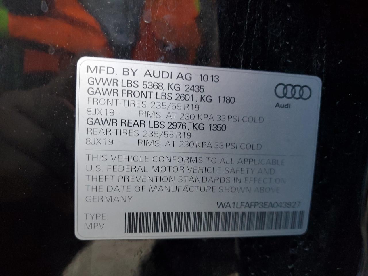 2014 Audi Q5 Premium Plus VIN: WA1LFAFP3EA043927 Lot: 71042585