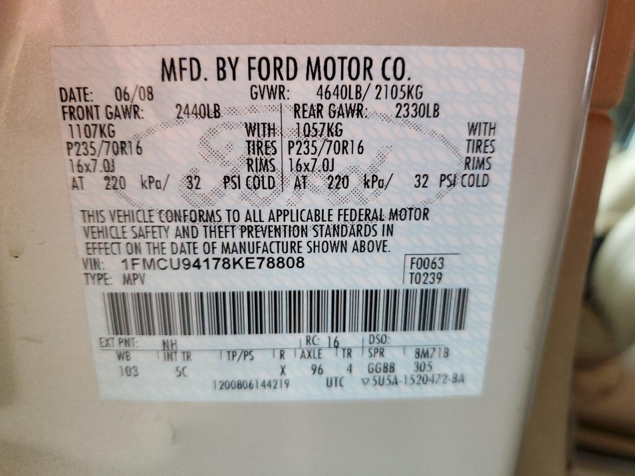 2008 Ford Escape Limited VIN: 1FMCU94178KE78808 Lot: 81301305