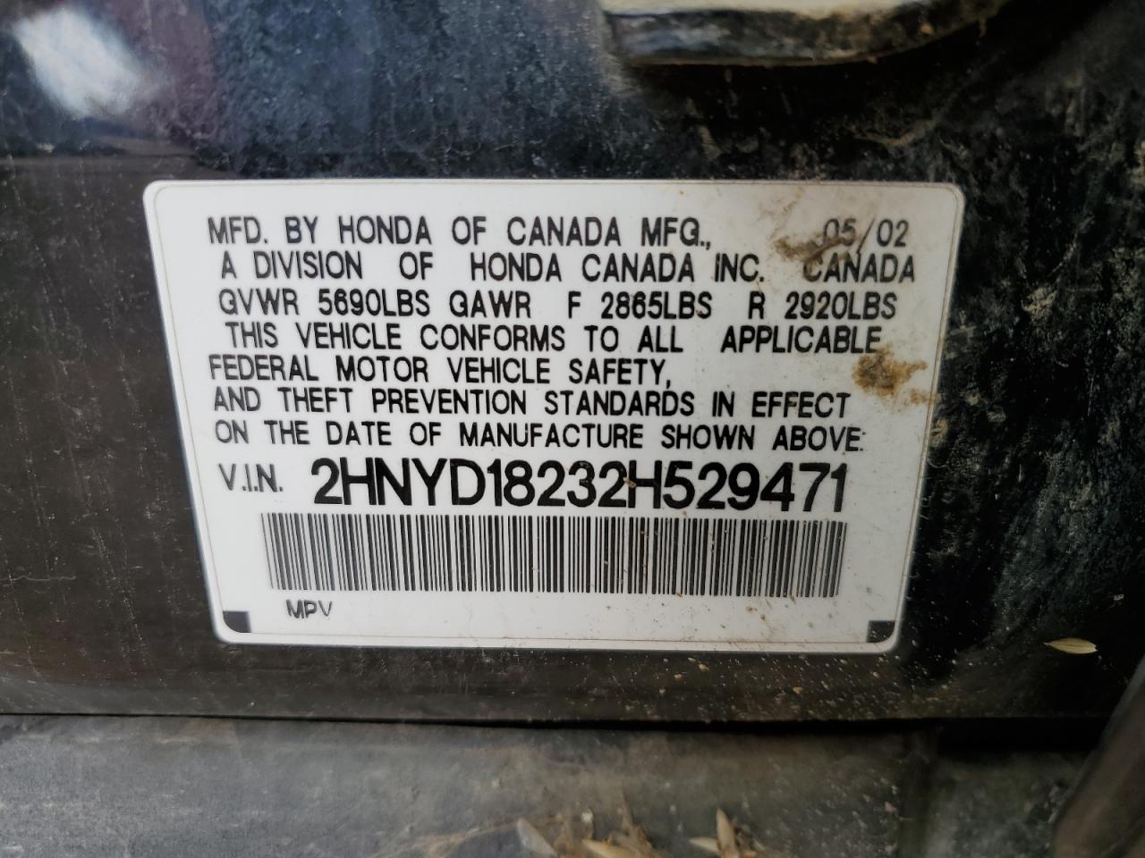 2002 Acura Mdx VIN: 2HNYD18232H529471 Lot: 84756845