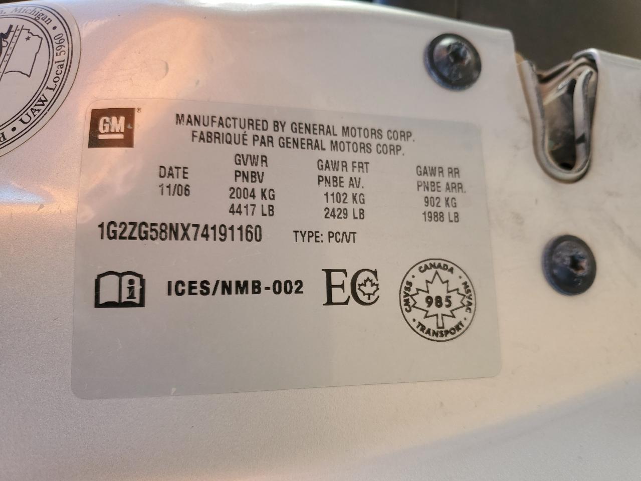 2007 Pontiac G6 Base VIN: 1G2ZG58NX74191160 Lot: 80366235