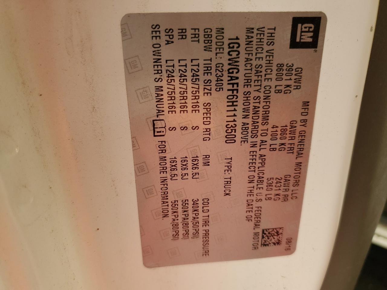 2017 Chevrolet Express G2500 VIN: 1GCWGAFF6H1113500 Lot: 84738435