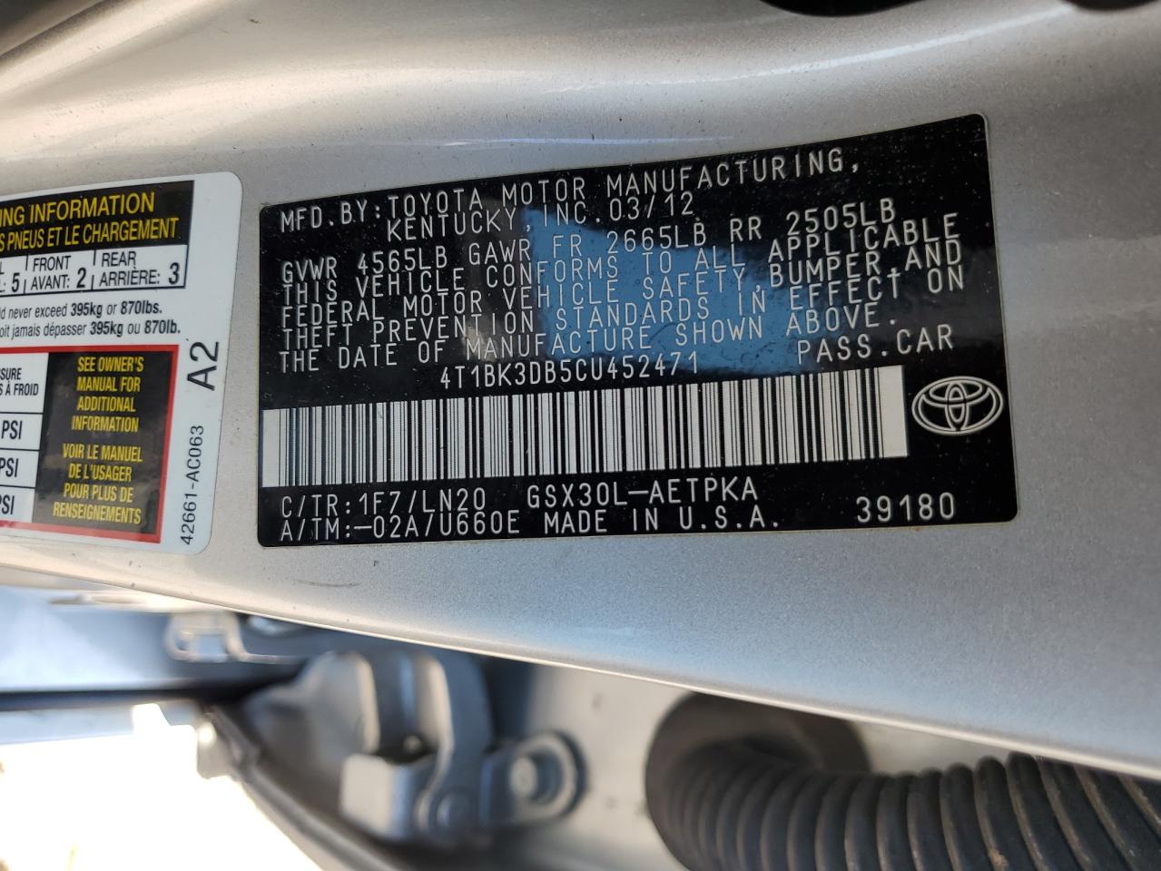 2012 Toyota Avalon Base VIN: 4T1BK3DB5CU452471 Lot: 80035195