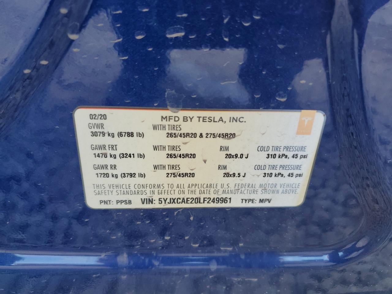 2020 Tesla Model X VIN: 5YJXCAE20LF249961 Lot: 83930905