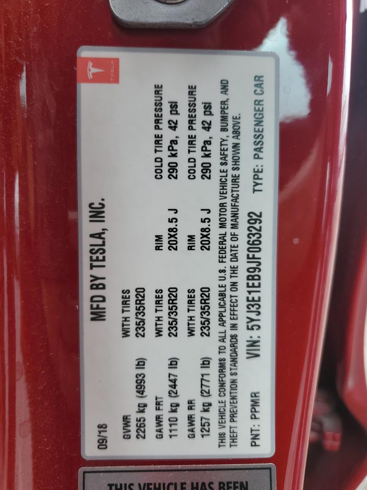 2018 Tesla Model 3 VIN: 5YJ3E1EB9JF063292 Lot: 81279325