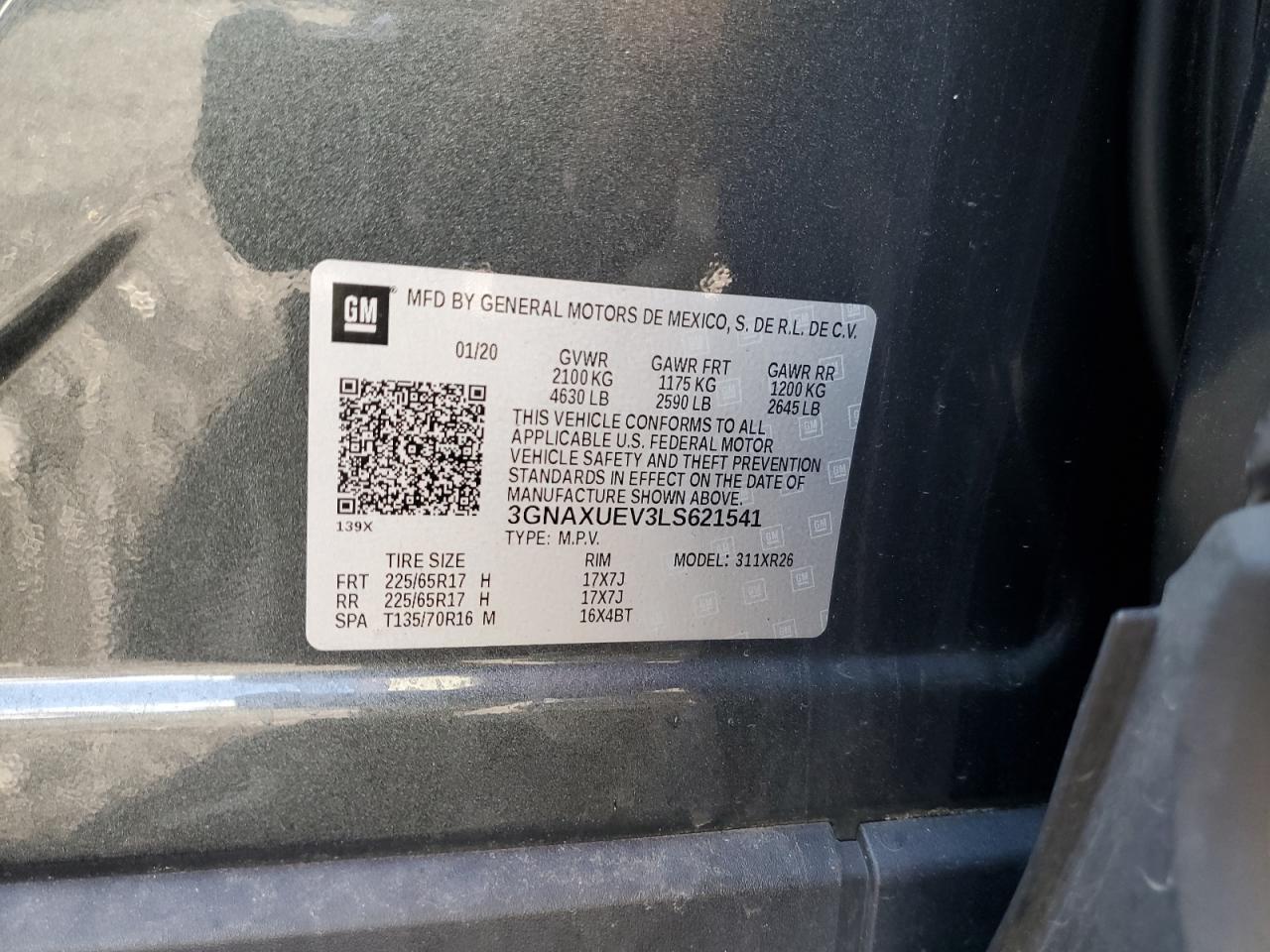 2020 Chevrolet Equinox Lt VIN: 3GNAXUEV3LS621541 Lot: 81792435