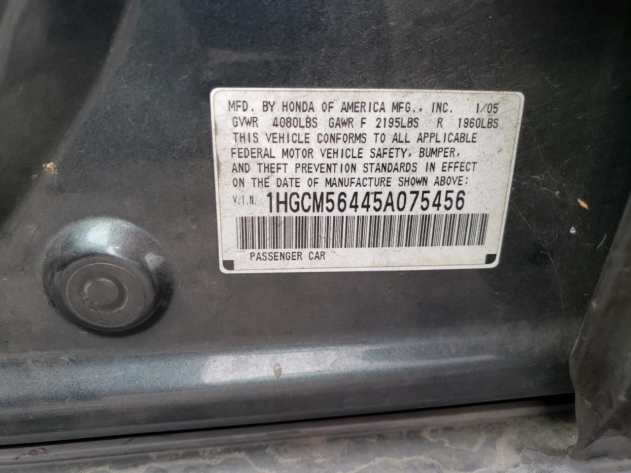 2005 Honda Accord Lx VIN: 1HGCM56445A075456 Lot: 71714945