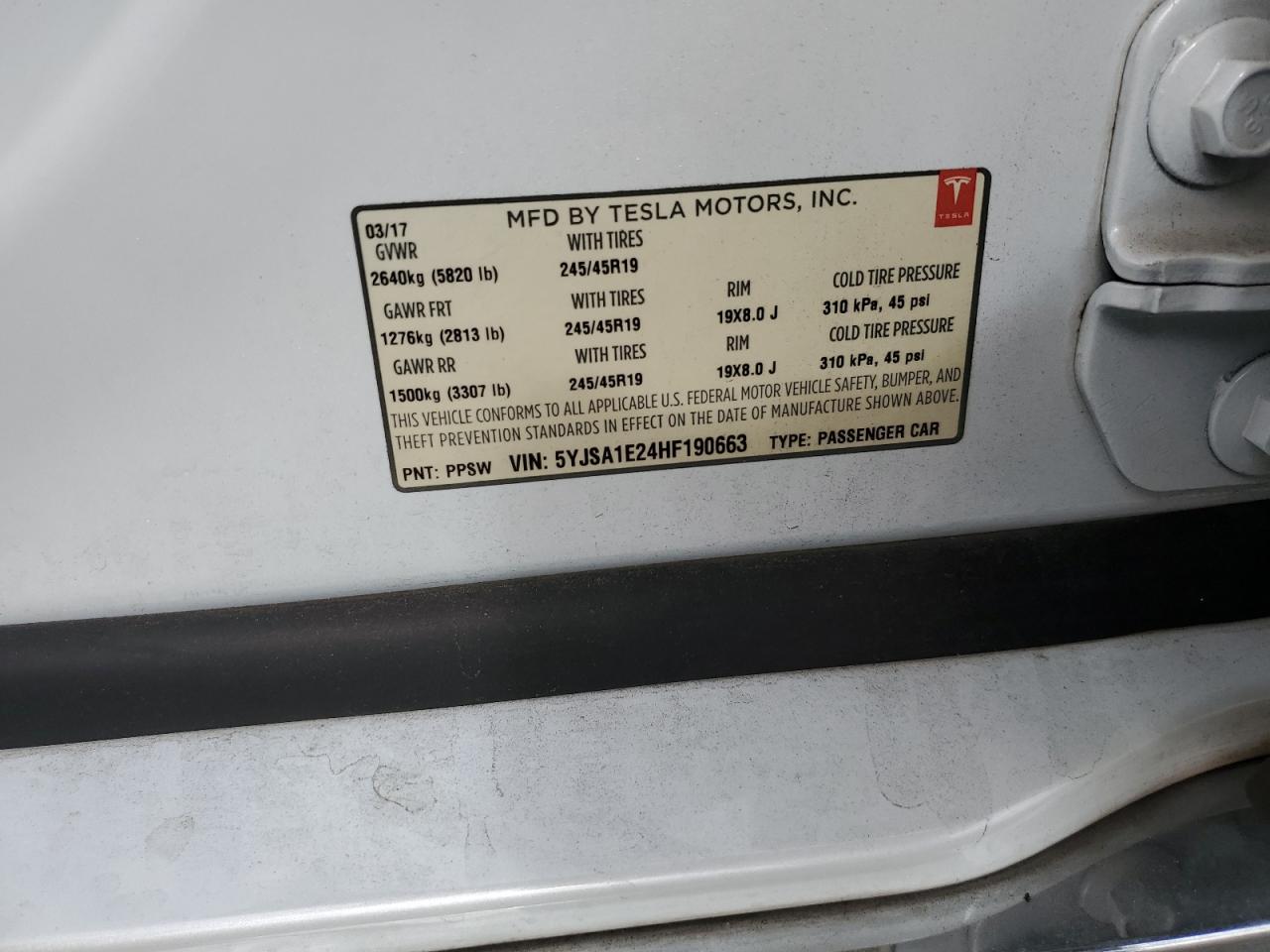 2017 Tesla Model S VIN: 5YJSA1E24HF190663 Lot: 82040635