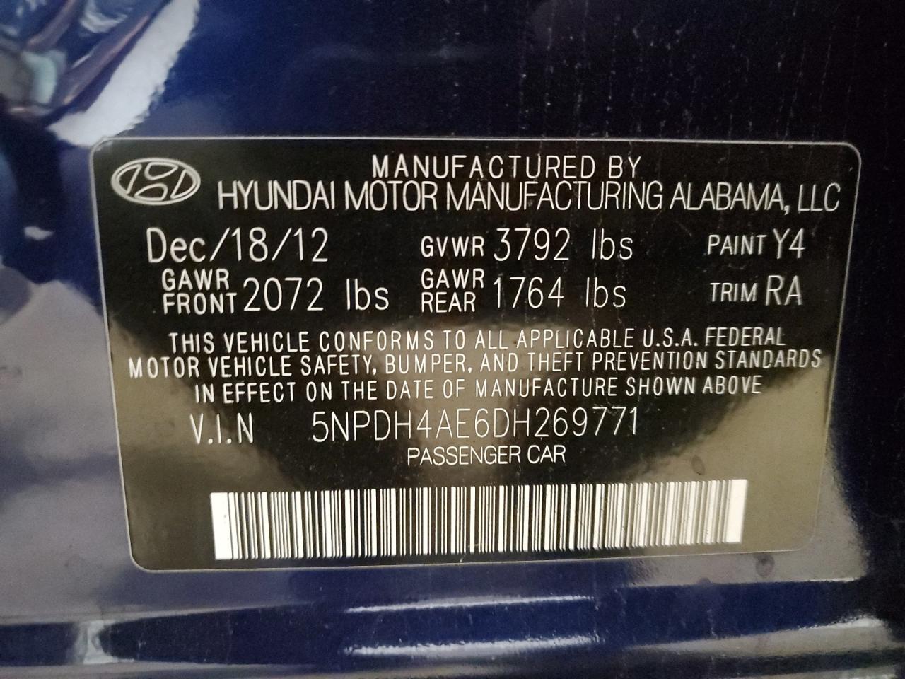2013 Hyundai Elantra Gls VIN: 5NPDH4AE6DH269771 Lot: 83987255