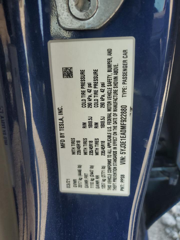 2021 Tesla Model 3 VIN: 5YJ3E1EA0MF922880 Lot: 70885975