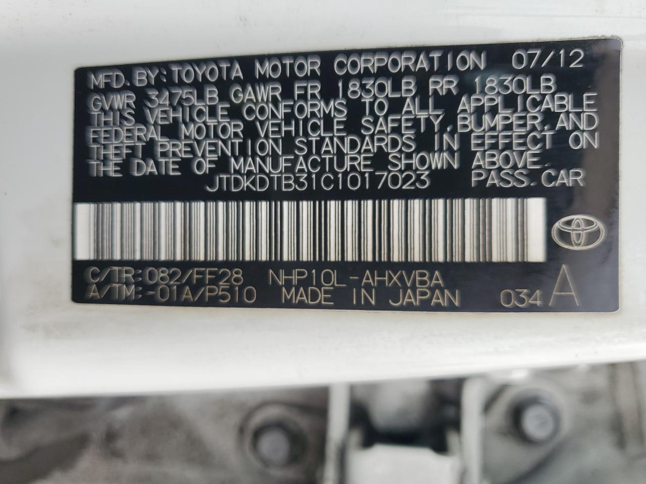 2012 Toyota Prius C VIN: JTDKDTB31C1017023 Lot: 83796925