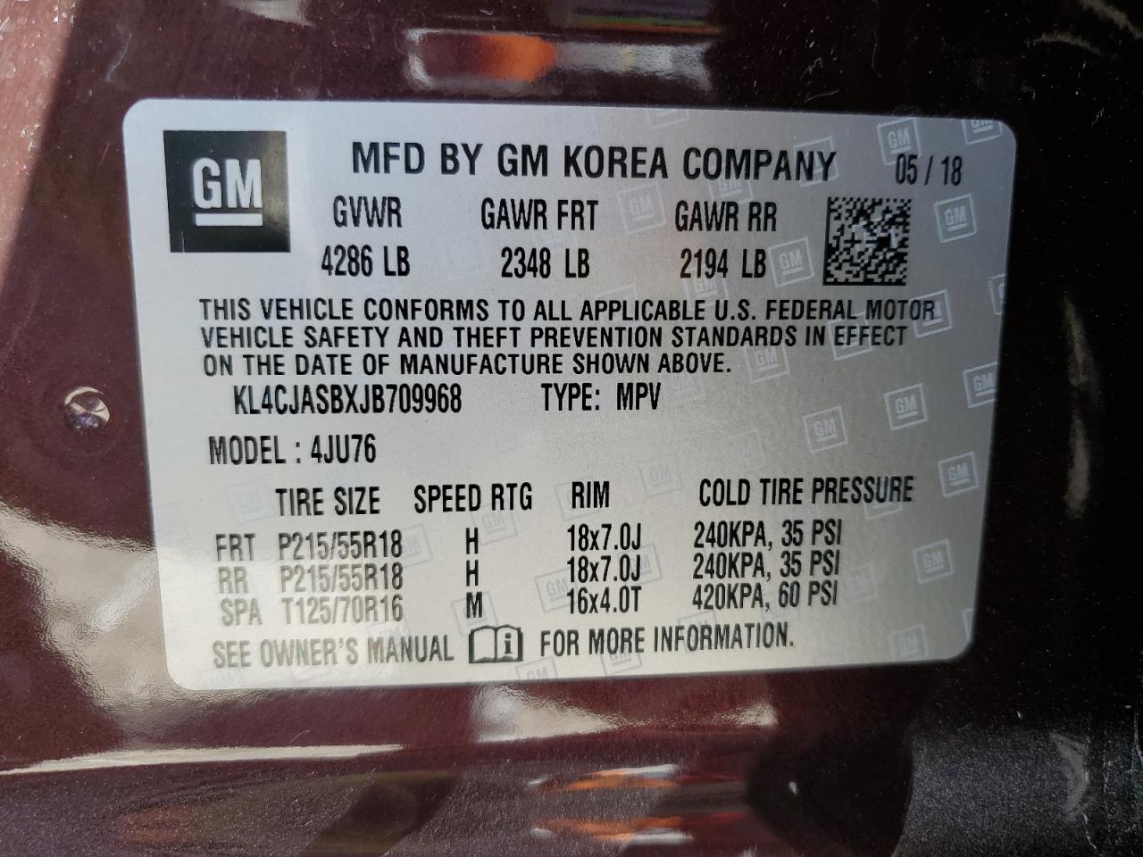 2018 Buick Encore Preferred VIN: KL4CJASBXJB709968 Lot: 84942255