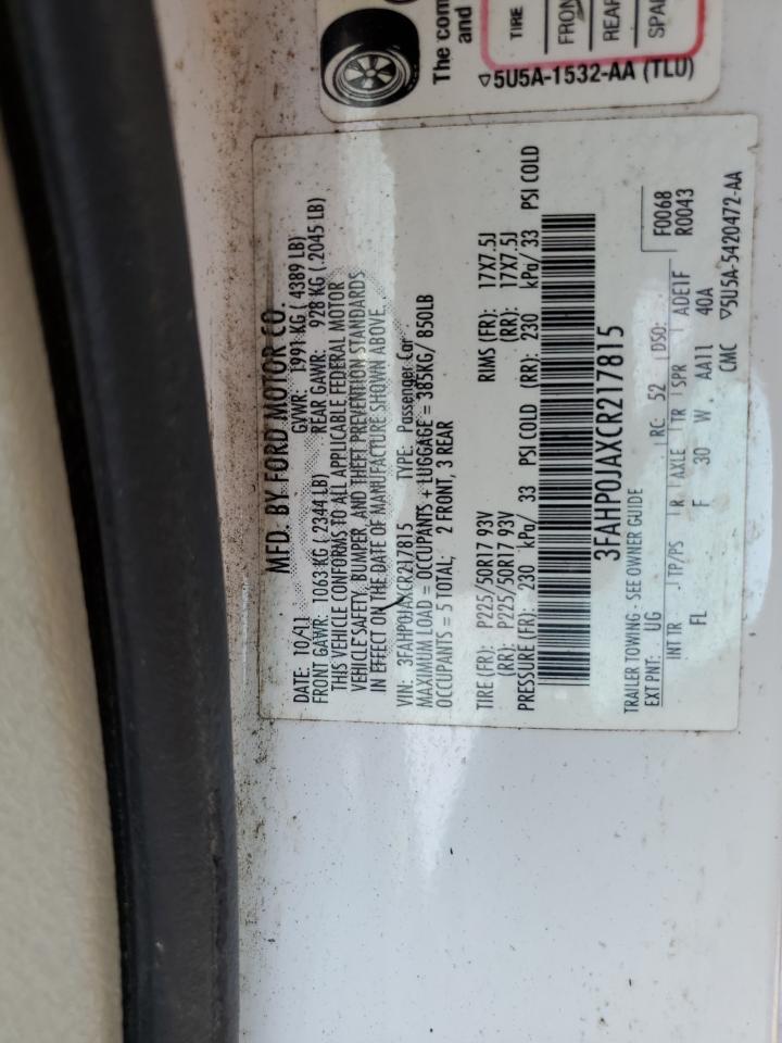 2012 Ford Fusion Sel VIN: 3FAHP0JAXCR217815 Lot: 72041175