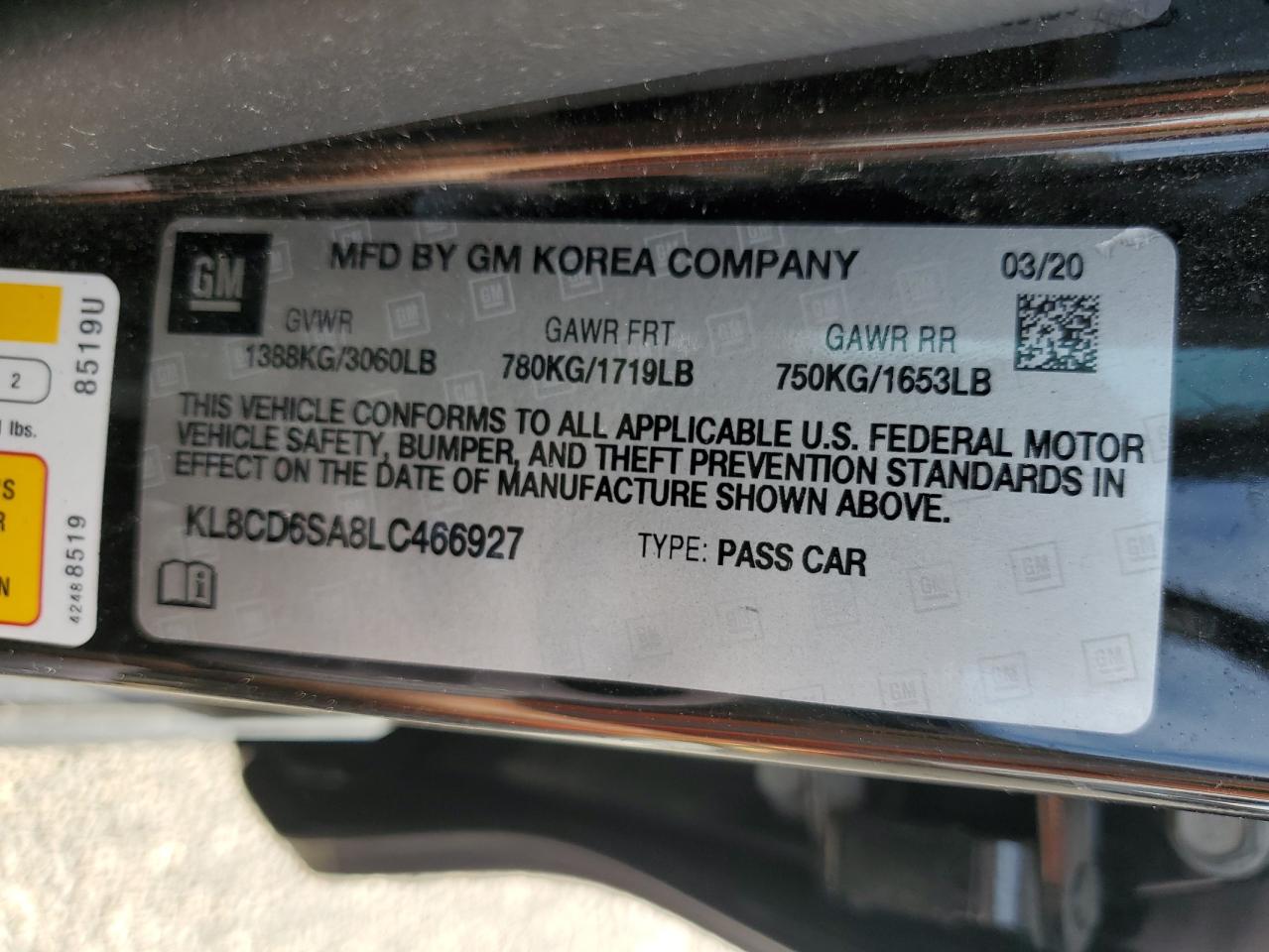 2020 Chevrolet Spark 1Lt VIN: KL8CD6SA8LC466927 Lot: 81707905