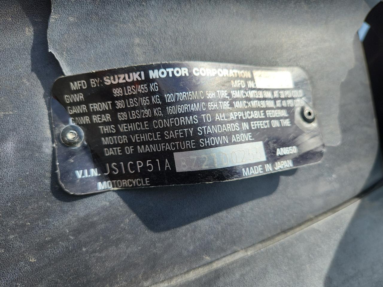 2007 Suzuki An650 VIN: JS1CP51A872100255 Lot: 80649855
