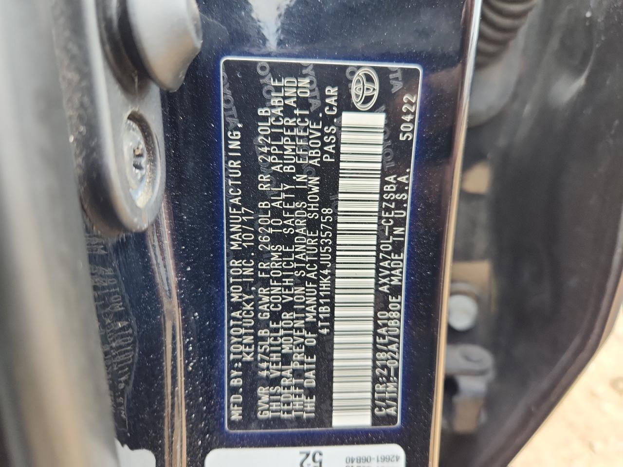 2018 Toyota Camry L VIN: 4T1B11HK4JU535758 Lot: 84450335